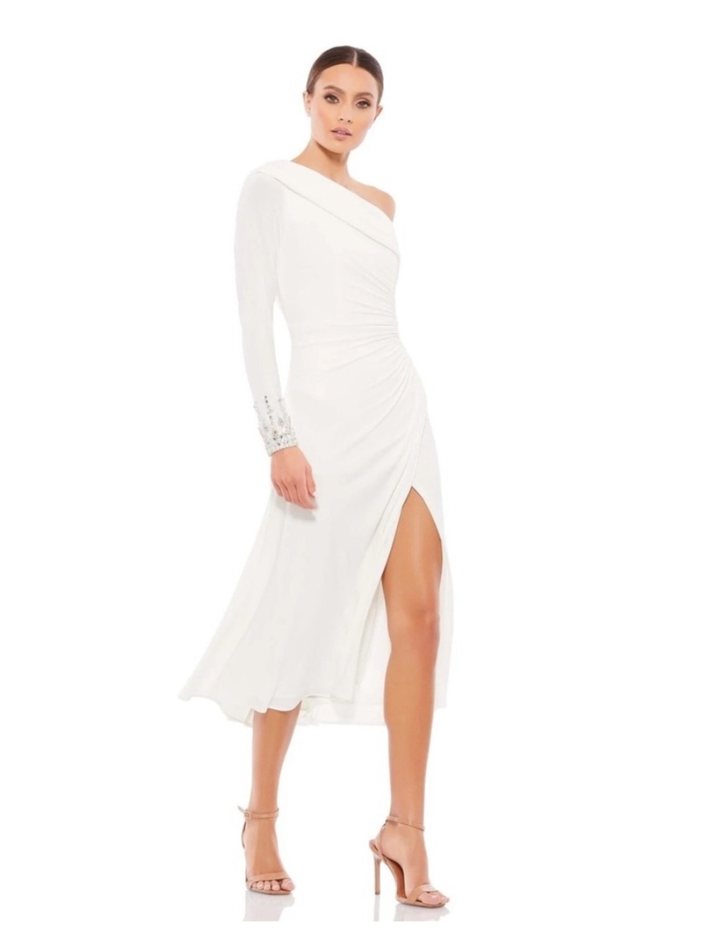 leena for Mac Duggal White Rouched One Shoulder Midi
Dress Crystal Cuffs 26485